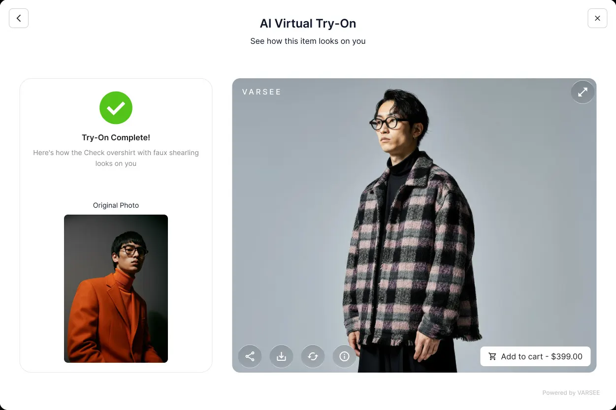 AI virtual try-on result next to the shopper's original photo
